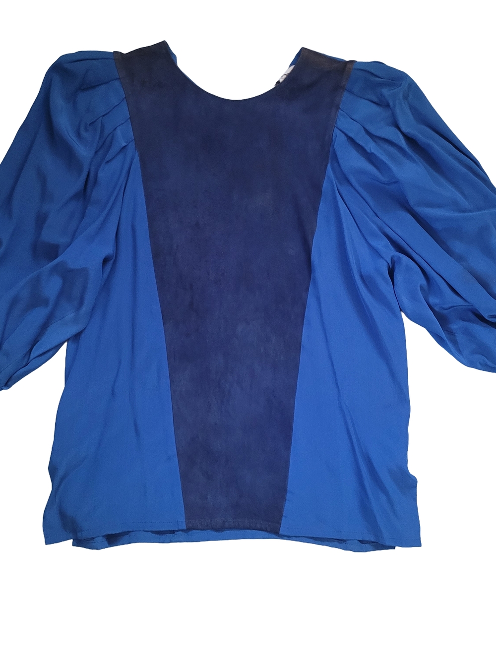 Blue Paneled Puff-Sleeve Women's Top With Velvet Accent Vintage